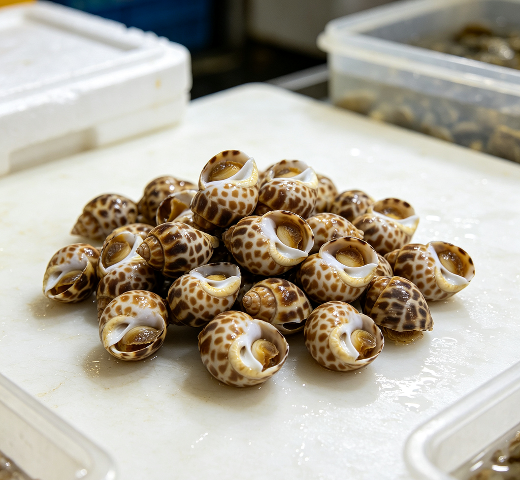 Close view of sea snail shells and tender meat