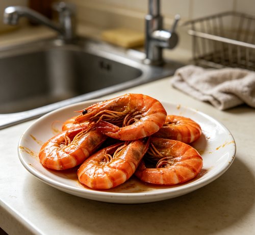 Cooked whole prawns with a glossy glaze