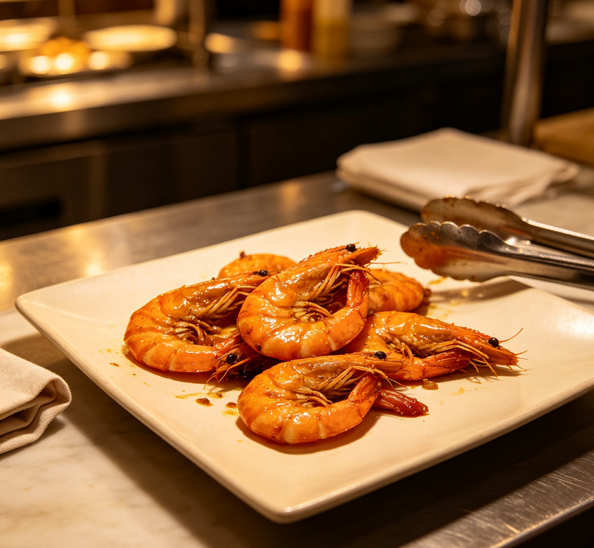 Prawns arranged on a serving plate