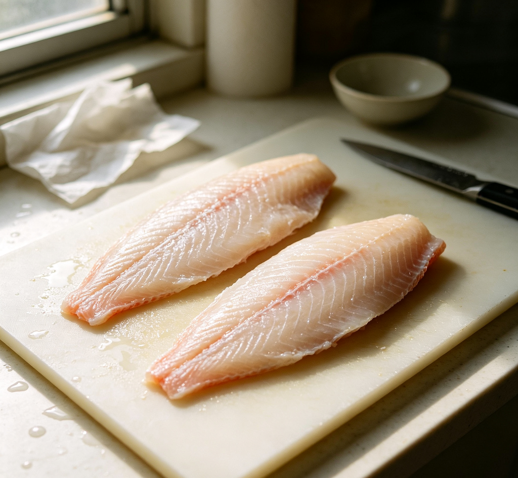 Raw white fish fillets on a cutting board