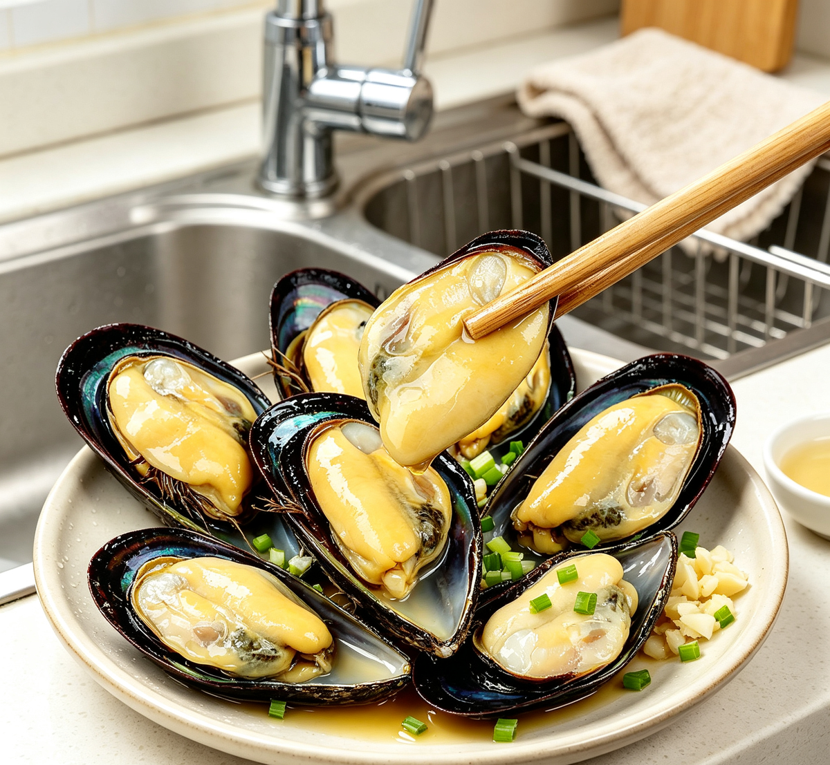 Mussels with plump yellow meat inside the shells