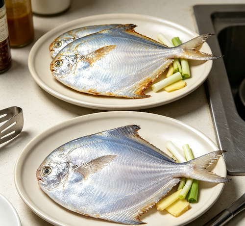 Whole silver pomfret fish on a plate