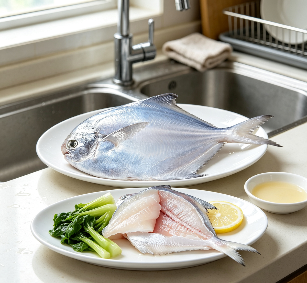 Pomfret prepared for steaming