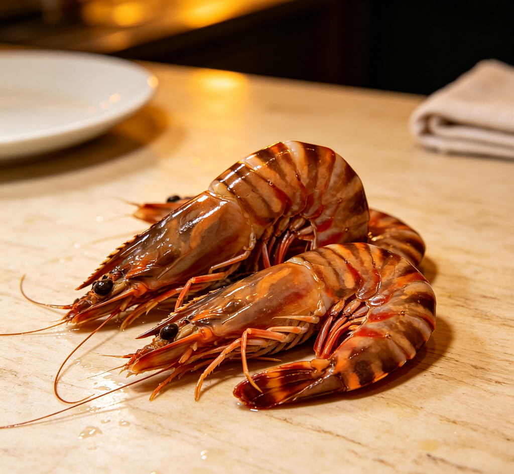 Jumbo tiger prawns with orange and white striped shells
