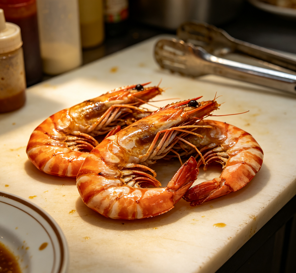 Tiger prawns arranged on ice